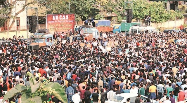 A protest against the citizenship law at a concert in Guwahati in 2019. (Express photo by Dasarath Deka)