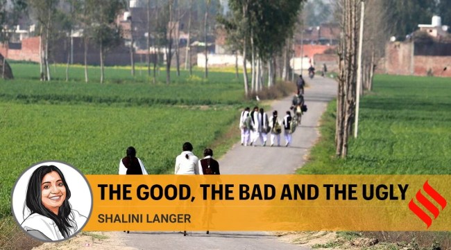 Girls on their way back to their village Dharmabad near Dera Baba Nanak in Gurdaspur. (Express Photo by Gurmeet Singh)