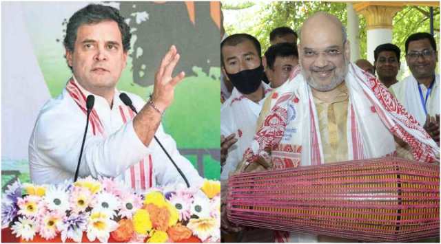 Rahul Gandhi and Amit Shah at separate rallies in Assam. (Photos: PTI)