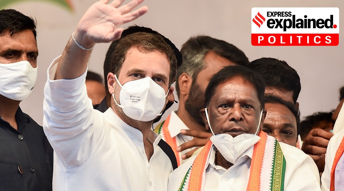 Congress leader Rahul Gandhi with Puducherry Chief Minister V Narayanasamy at a public meeting during his election campaign ahead of Puducherry polls, in Puducherry, Wednesday, Feb. 17, 2021. (PTI Photo/R Senthil Kumar)