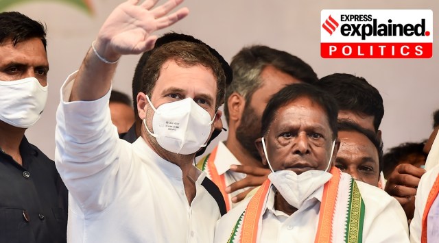 Congress leader Rahul Gandhi with Puducherry Chief Minister V Narayanasamy at a public meeting during his election campaign ahead of Puducherry polls, in Puducherry, Wednesday, Feb. 17, 2021. (PTI Photo/R Senthil Kumar)