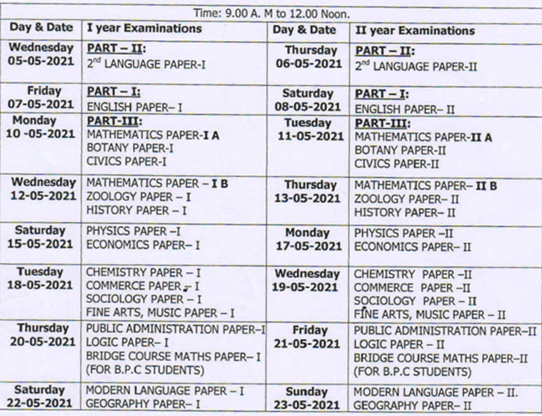 AP Intermediate Exam Time Table 2021 AP Inter 1st & 2nd Year Exam Date