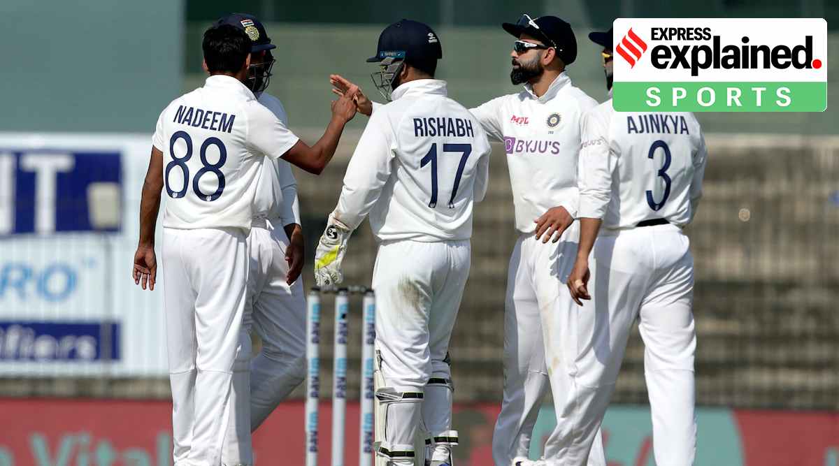 Nadeem celebrates with teammates after taking the wicket of Joe Root during the 2nd day of first cricket test match between India and England, at MA Chidambaram Stadium ,in Chennai, Saturday, Feb. 6, 2021. (Photo: BCCI/PTI Photo)