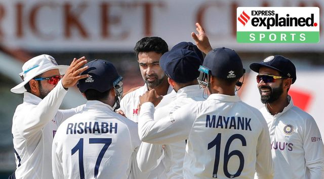 Ravichandran Ashwin celebrates with teammates the wicket of England's Dan Lawrence during the 4th day of the second cricket test match between India and England, at M.A. Chidambaram Stadium, in Chennai. (BCCI/PTI Photo)