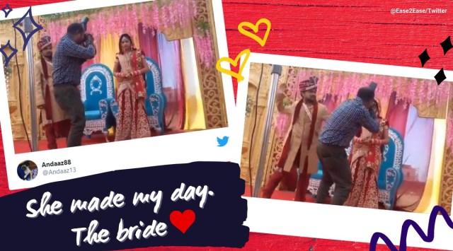 groom hits photographer, bride laughs as groom hits cameraman, groom smacks cameraman, weird wedding photoshoot videos, Funny wedding photoshoot, viral videos, funny wedding videos, indian express