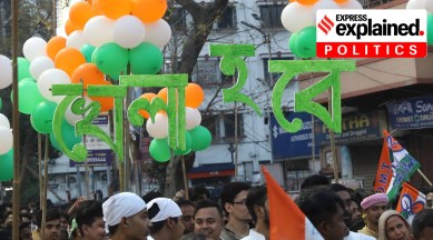 During a rally by Trinamool Congress workers in Kolkata, the 'Khela Hobe' slogan is seen. (Express Photo: Partha Paul)