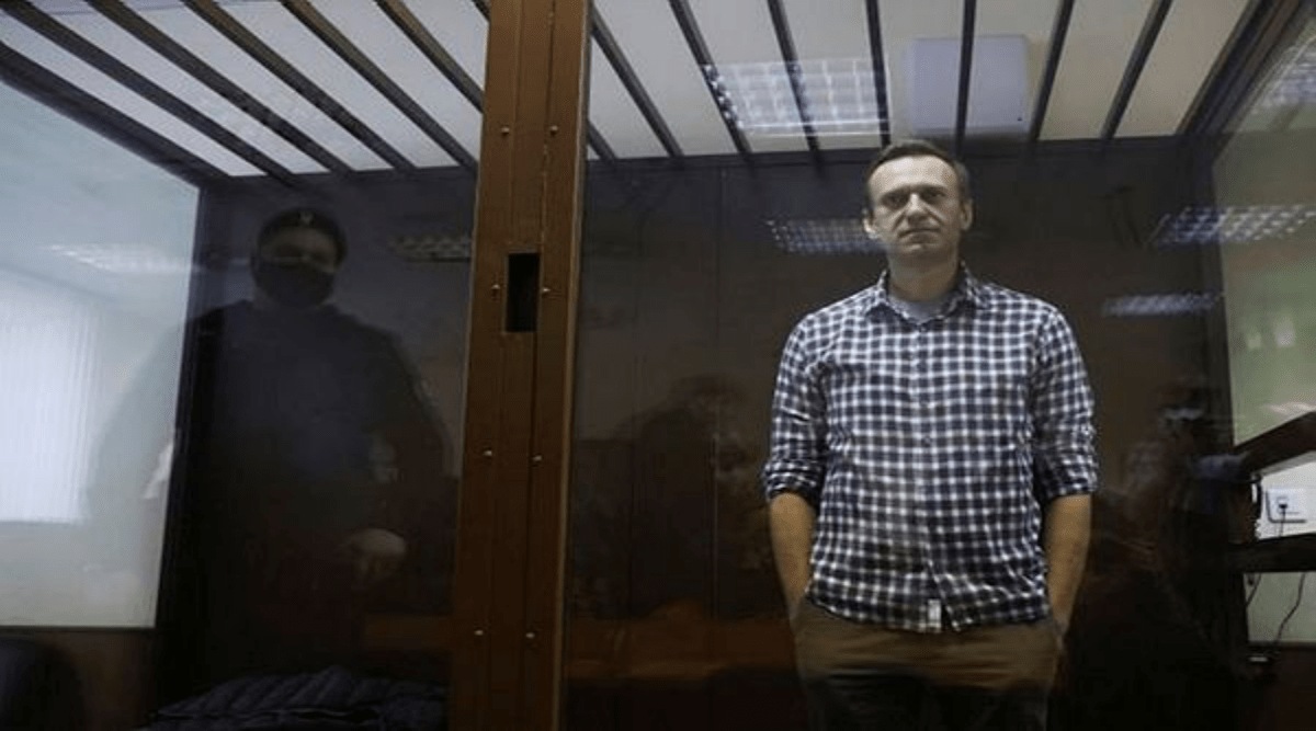 Russian opposition leader Alexei Navalny attends a hearing to consider an appeal against an earlier court decision to change his suspended sentence to a real prison term, in Moscow, Russia February 20, 2021. (REUTERS/Maxim Shemetov)