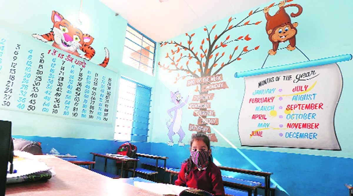Punjab schools reopen, school kids attend school, Punjab primary schools open, Punjab covid crisis, Chandigarh news, Punjab news, Indian express news