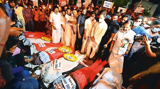 Rahul Gandhi at the Kerala Secretariat, where PSC rank holders are on protest. (Photo: PTI)