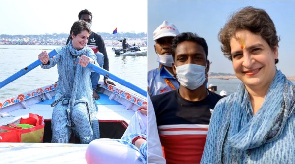 priyanka gandhi, priyanka gandhi rows boat, priyanka gandhi sangam visit, priyanka gandhi prayagraj boat ride, viral videos, indian express, up news,