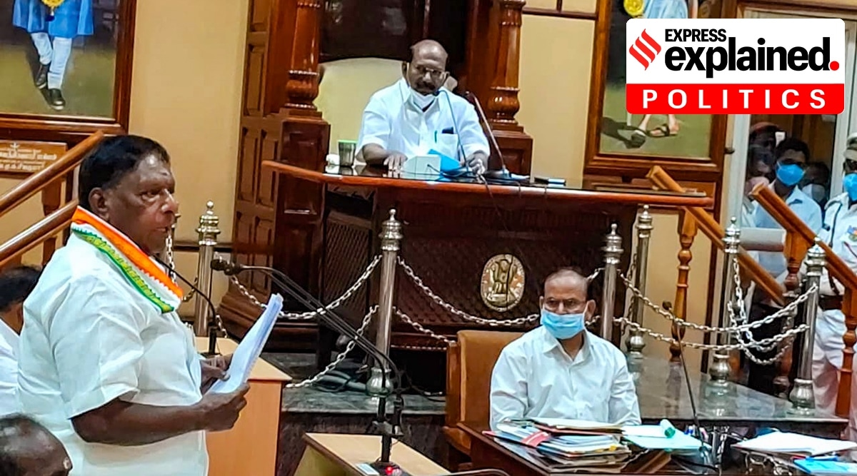 Chief Minister V Narayanasamy speaks during a special Assembly session, in Puducherry, Monday, Feb. 22, 2021. Narayanasamy resigned after he failed to prove his majority in the House. (PTI Photo)