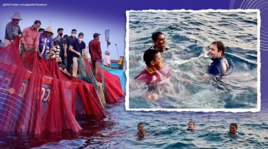 rahul gandhi, rahul gandhi kerala, rahul gandhi kerala fishermen sea dip, rahul gandhi casts net with fishermen, kerala news, indian express