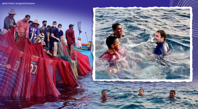 rahul gandhi, rahul gandhi kerala, rahul gandhi kerala fishermen sea dip, rahul gandhi casts net with fishermen, kerala news, indian express