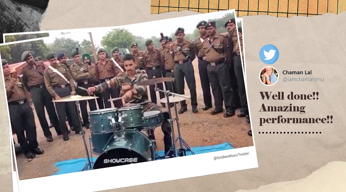 Soldier playing drums, viral video, Indian soldier playing drums, Indian soldier drum tricks, Trending news, Indian express news