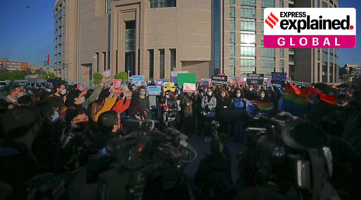 Students of the Bogazici University stage a protest in support of their detained friends in front of a courthouse in Istanbul. (AP)