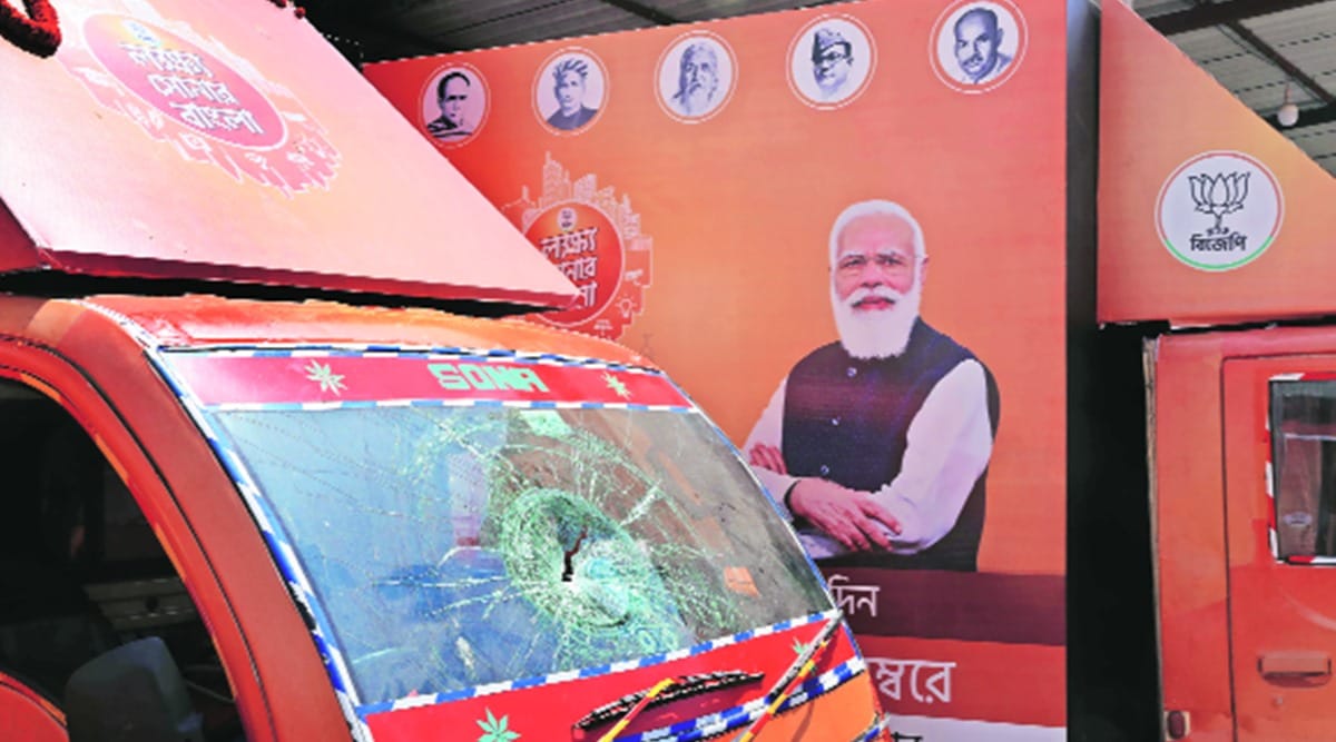 west bengal polls, west bengal polls date, bjp west bengal campaign, bjp vehicles attacked, Bjp vehicles vandalised, indian express news