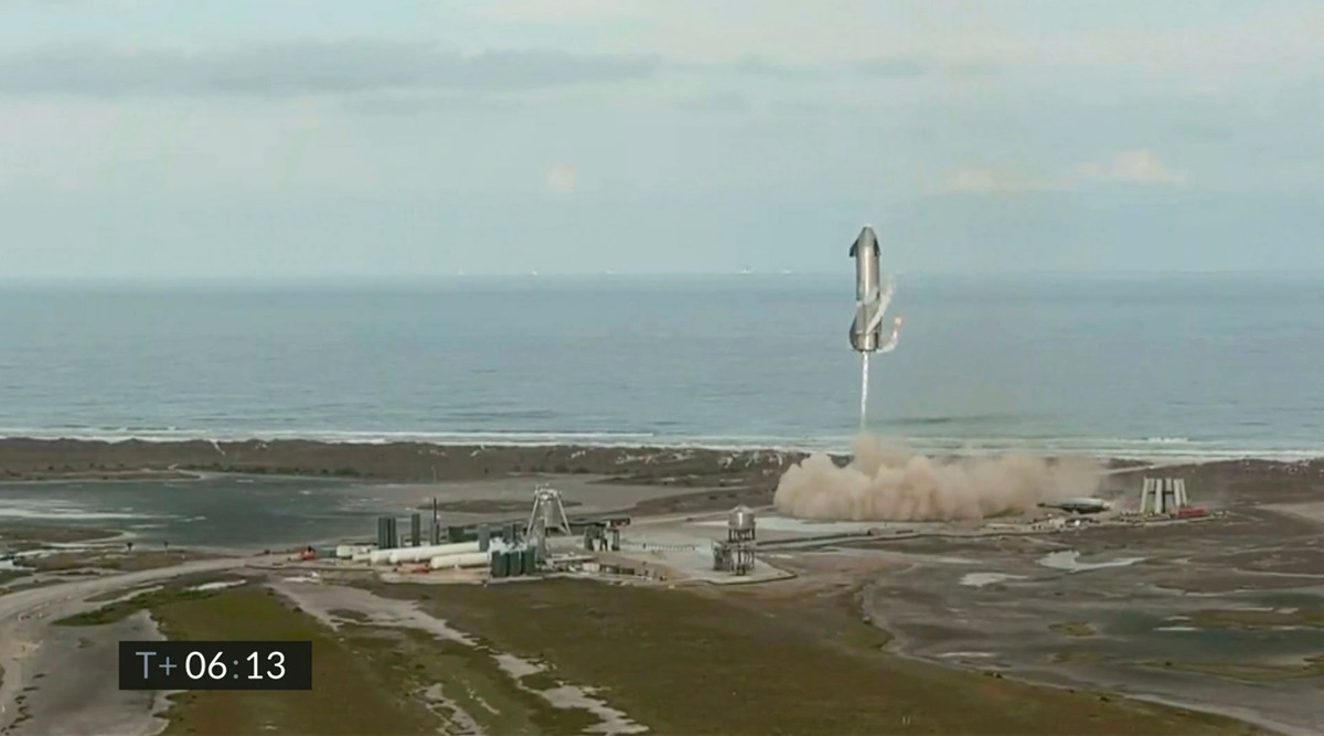 In this image from video made available by SpaceX, one of the company's Starship prototypes fires its thrusters as it lands during a test in Boca Chica, Texas, on Wednesday, March 3, 2021. (SpaceX via AP)