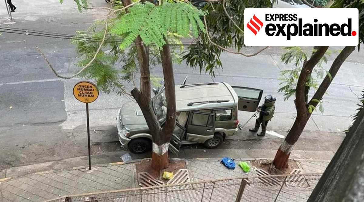 The car with Gelatin sticks parked outside Mukesh Ambanis' residence in Mumbai. (Express Photo)
