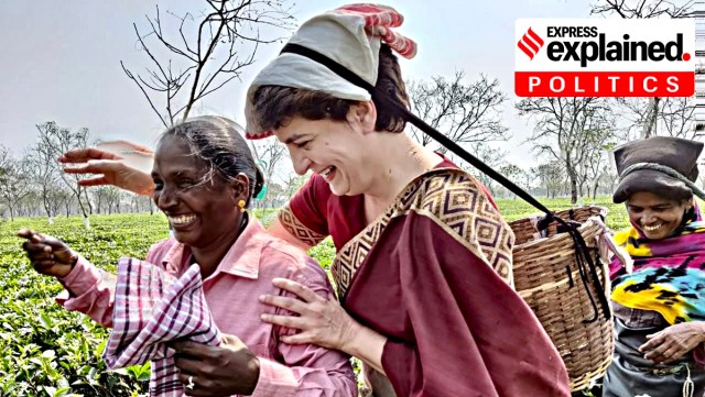 Congress leader Priyanka Gandhi with the tea workers of Sadhuru tea garden, Assam. (Source: Priyanka Gandhi Vadra/Twitter)