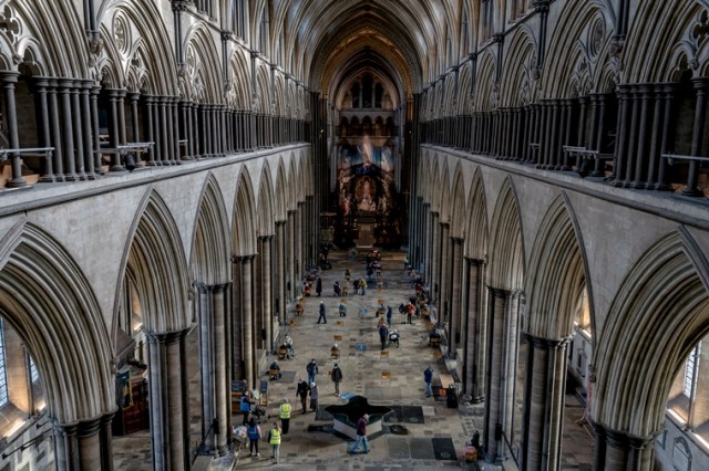 FILE -- The Salisbury Cathedral in Salisbury, England, is converted into a COVID-19 vaccination center on Jan. 23, 2021.  (Andrew Testa/The New York Times)