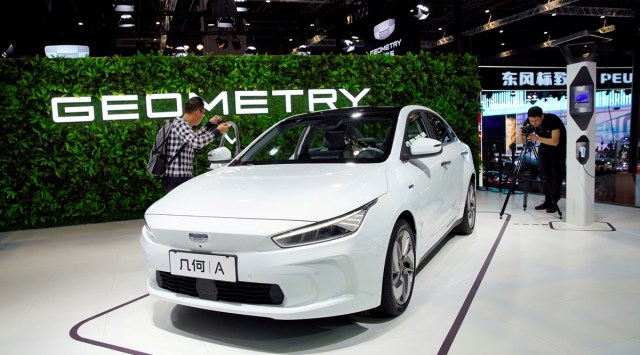 FILE PHOTO: A Geely's new electric vehicle (EV) Geometry A (GE11) is presented during the media day for Shanghai auto show in Shanghai, China April 16, 2019. REUTERS/Aly Song/File Photo