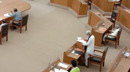 Deputy Chief Minister Jishnu Debbarma presents the budget in State Legislative Assembly in Agartala on Friday. (Express photo by Debraj Deb)