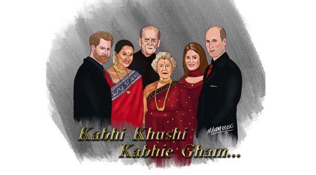 Kabhi Khushi Kabhie Gham, Kabhi Khushi Kabhie Gham royal family mash-up, Kabhi Khushi Kabhie Gham Sanjeet Singh Bhachu, Sanjeet Singh Bhachu Mesmeraki, Mesmeraki artwork, Mesmeraki illustrator, Mesmeraki royal family, Mesmeraki works, who is Mesmeraki, royal rift, British royal family, royal family indian express lifestyle