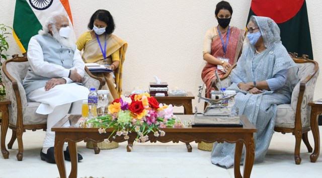 Prime Minister Prime Minister Narendra Modi during a meeting with his Bangladeshi counterpart Sheikh Hasina in Dhaka on Saturday. (Source: Twitter/@narendramodi)