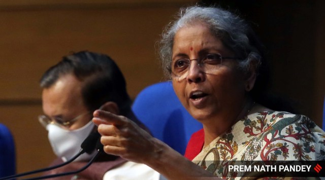 Finance Minister Nirmala Sitharaman addresses a press conference on Union Cabinet decisions, in New Delhi on Tuesday. (Express Photo: Prem Nath Pandey)