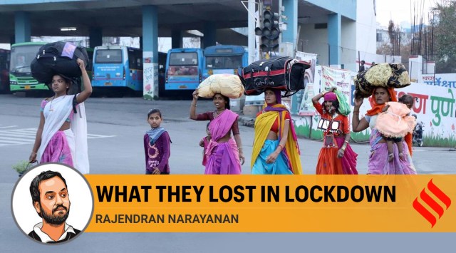 Migrant labourers from Karnataka, who lost their jobs due to the lockdown and devoid of any means to return home, roam the streets trying to find accommodation, in Pune on March 27, 2021. (Express Photo: Pavan Khengre)