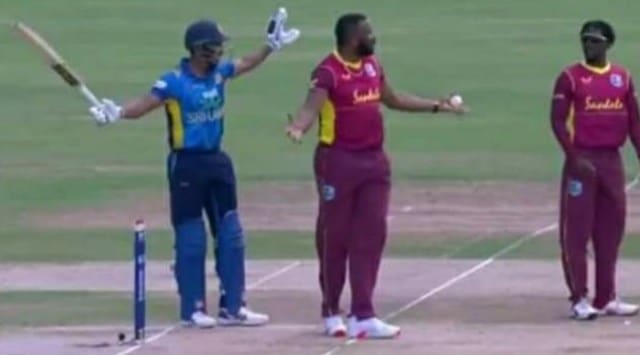 Kieron Pollard appeals for Danushka Gunathilaka's wicket for 'obstructing the field' in the 1st ODI between West Indies and Sri Lanka on Tuesday (Screenshot)