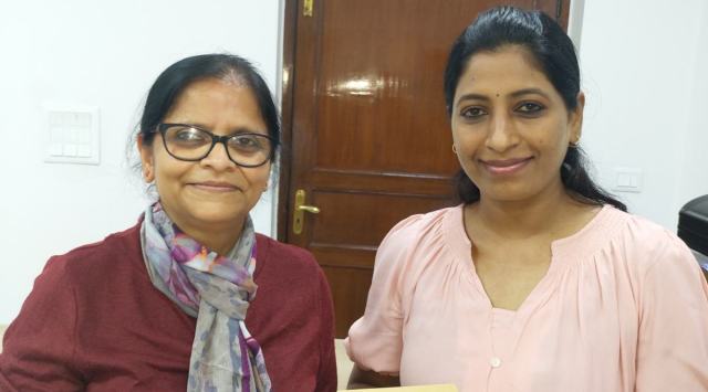 Shelly Praveen (left) and T Vinutha with samples of their soft bajra and maize atta.