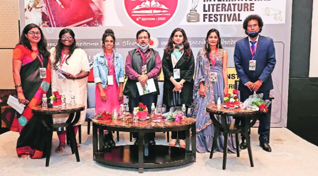 Former additional chief secretary SK Nanda (centre) at the literature festival. Express