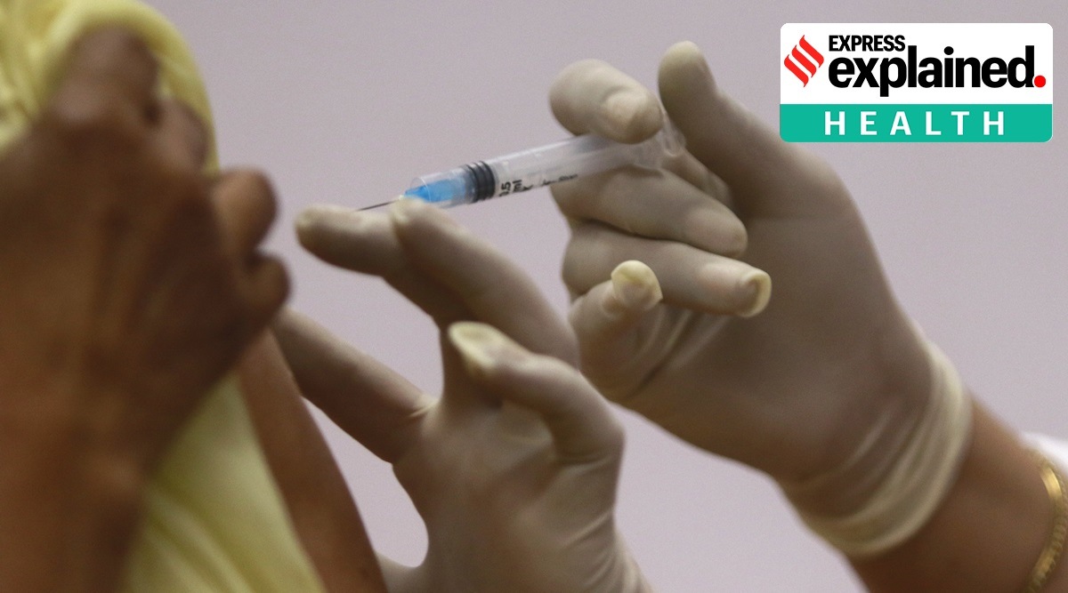 A vaccine for Covid-19 is administered to an elderly person, in Delhi on Monday (Express Photo: Praveen Khanna)