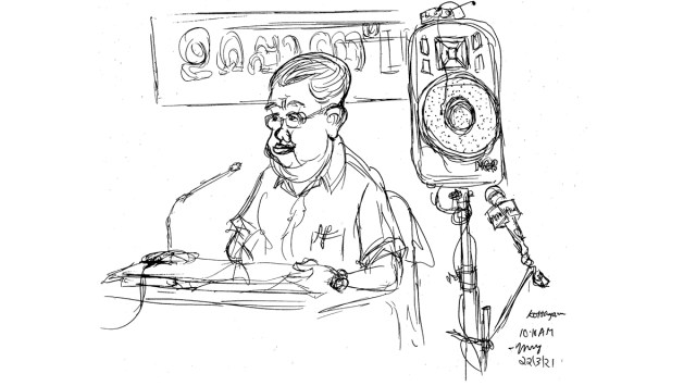 CM Pinarayi Vijayan at Kottayam press meet (Illustration on campaign trail by E P Unny)