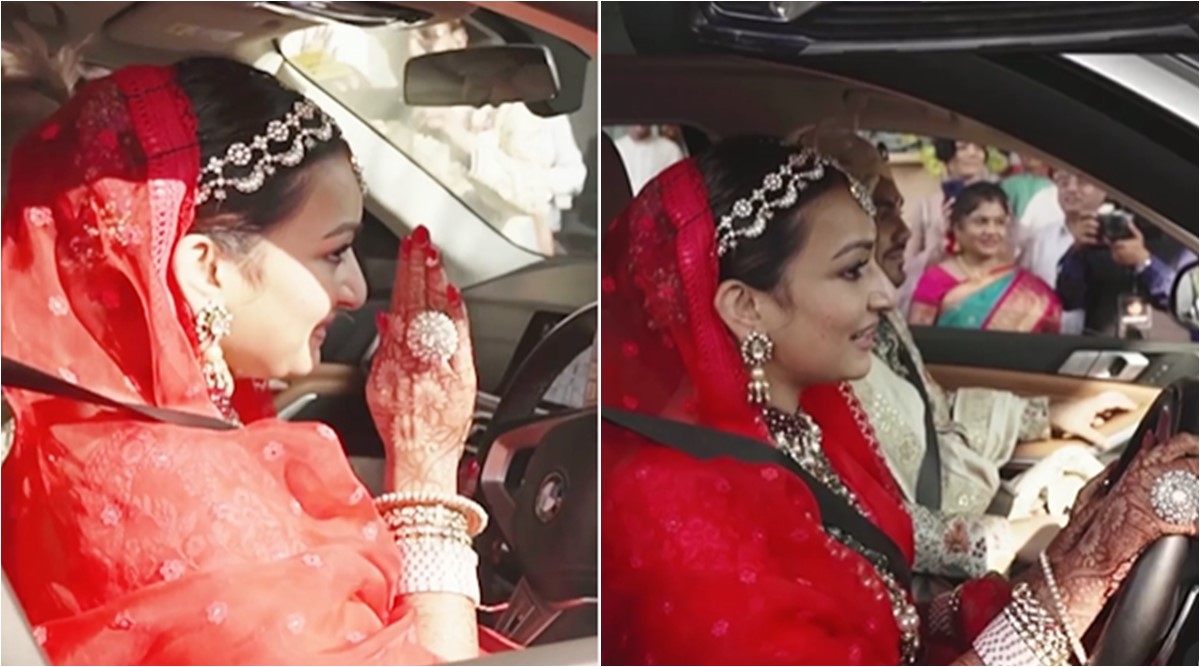 bride vidaai video, bride drives car after vidai, kolkata bride drives car to sasural, viral news, new bridal ritual, viral wedding video, indian express,
