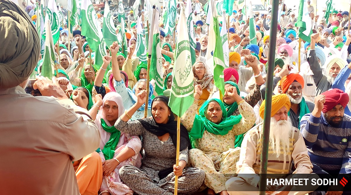 Members of various farmers organisations take part in a protest against the farm laws in Punjab's Barnala. (Express Photo: Harmeet Sodhi)