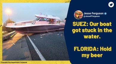 boat block Florida highway, florida highway blocked, suez canal blocked, florida boat suez boat, viral news, funny news, odd news, indian express