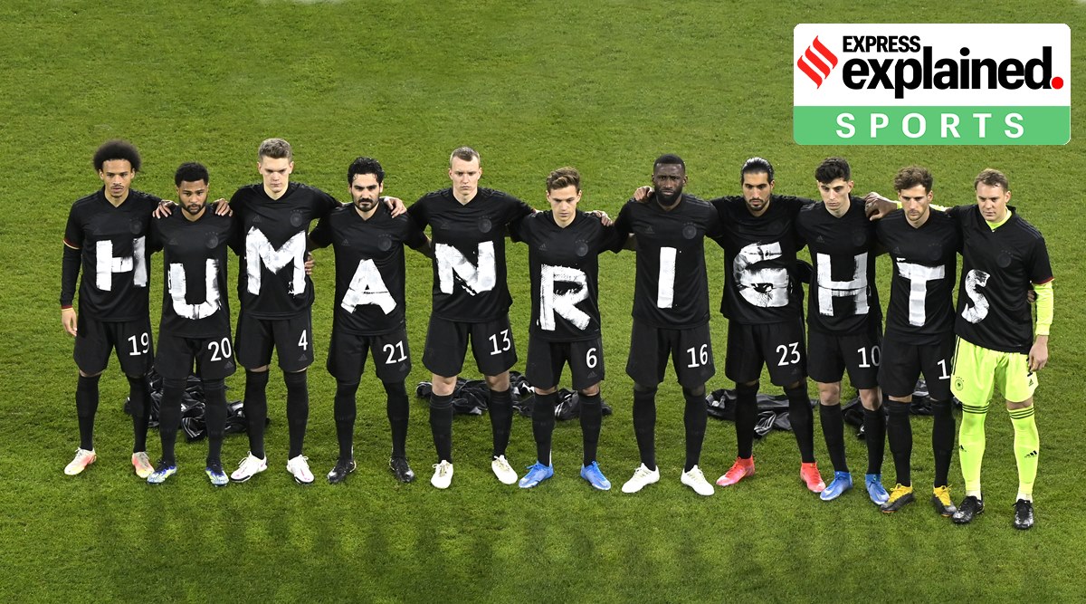 Germany's starting players pose for a team photo at the beginning of the World Cup 2022 group J qualifying match between Germany and Iceland in Duisburg, Germany, Thursday, March 25, 2021. (Tobias Schwarz/Pool via AP)
