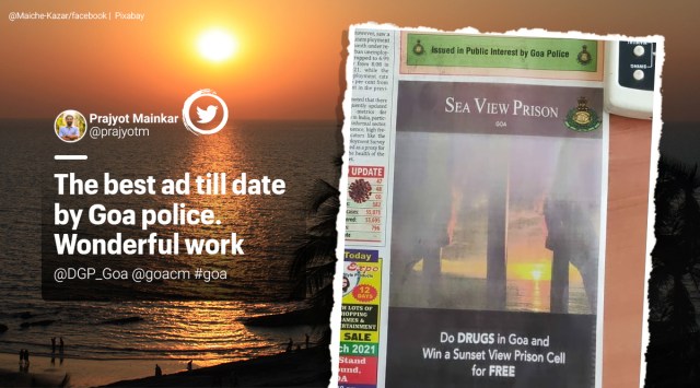 goa police, goa police viral prison with view ad, goa police no drugs funny ad, sunset view from prison, police funny ads, viral news, indian express,