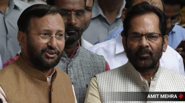 Union I&B Minister Prakash Javadekar and Minority Affairs Minister Mukhtar Abbas Naqvi in New Delhi. File/Express Photo by Amit Mehra