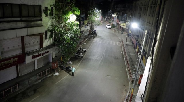 Closed shops on TIlakroad, Laxmi road and Bajirao road during the night curfew on Monday. (Express photograph by Arul Horizon)