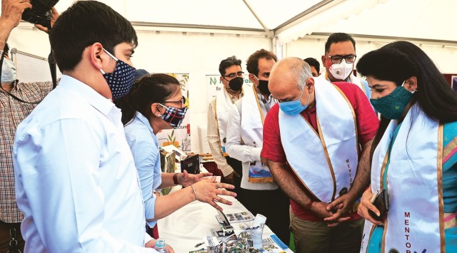 Sisodia at Indira Gandhi Delhi Technical University of Women on Saturday. (Photo: Gajendra Yadav)