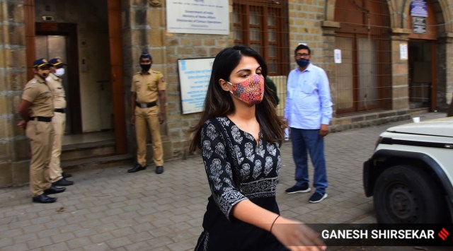 Rhea Chakraborty exits the NCB office in Mumbai in January 2021. (Express Photo: Ganesh Shirsekar, File)
