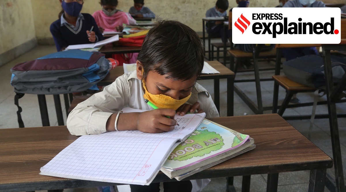 Schools reopen in Haryana for students in Classes 3. At Sanskriti Primary School, in Panchkula on February 24, 2021. (Express Photo: Jaipal Singh)