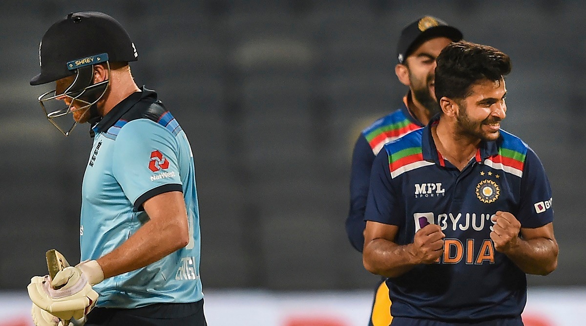 Shardul Thaku celebrates the wicket of England cricketer Jonny Bairstow during the first One Day International cricket match between India and England (Source: PTI)