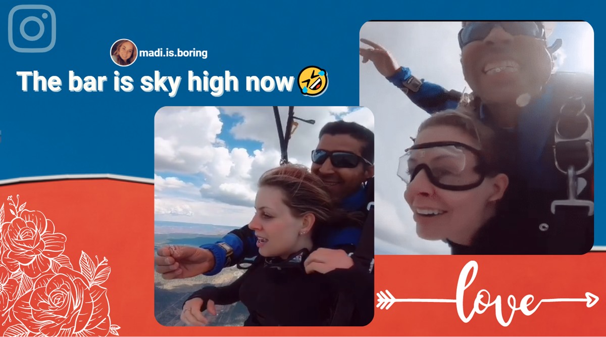 unique proposal ideas, skydive marriage proposal, man holds ring in mouth skydive proposal, viral videos, indian express news