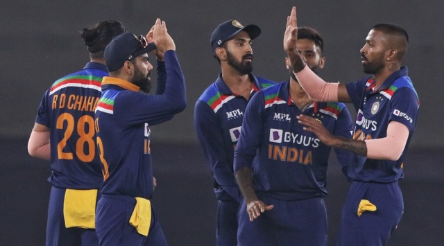 Hardik Pandya celebrating a wicket with teammates during India's fourth T20I against England. (BCCI)