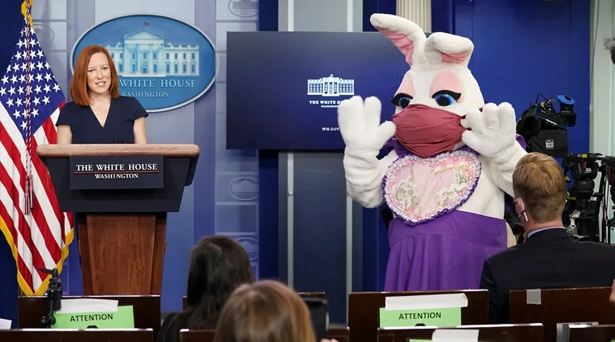 Easter bunny, Easter bunny white house, White House press briefing surprise visit, Easter surprise White House, Easter 2021, White house Easter, White house Easter celebrations, Trending news, Indian Express news