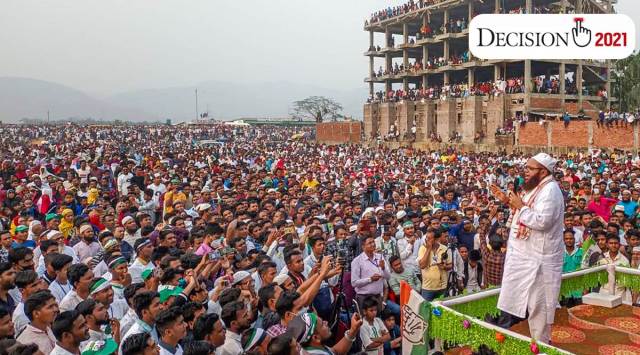 AIUDF candidate from the Jamunamukh constituency Sirajuddin Ajmal at an election campaign rally at Doboka in Hojai district, Tuesday, March 30, 2021. (PTI Photo)